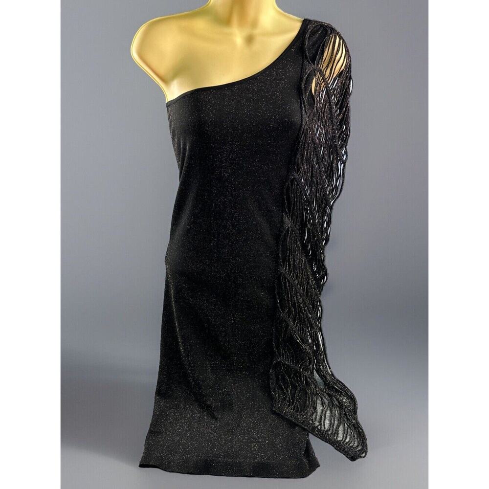 bebe Dress Medium Large Black Gold Sparkly One Shoulder Stretch Made In USA